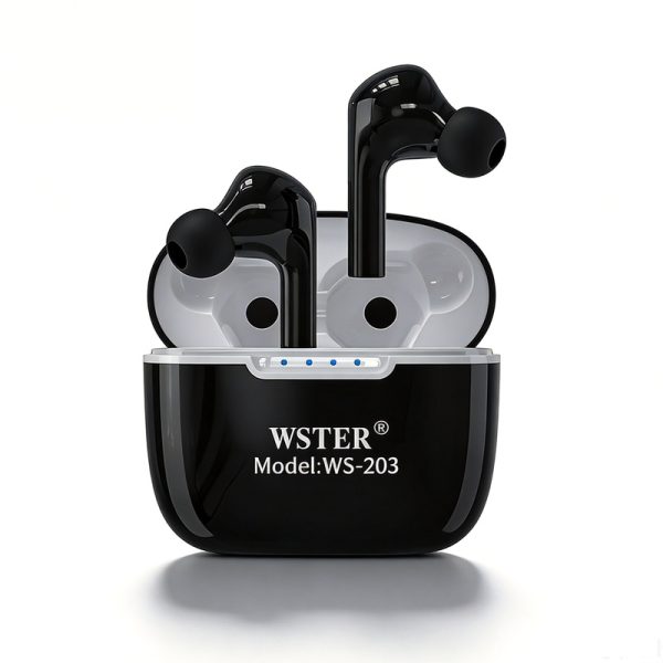 WS-203 TWS سماعات بلوتوث لاسلكية حقيقية مع بلوتوث 5.0، صوت ستيريو مع علبة شحن